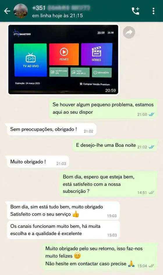 WhatsApp customer review screenshot for Euro IPTV España service 2