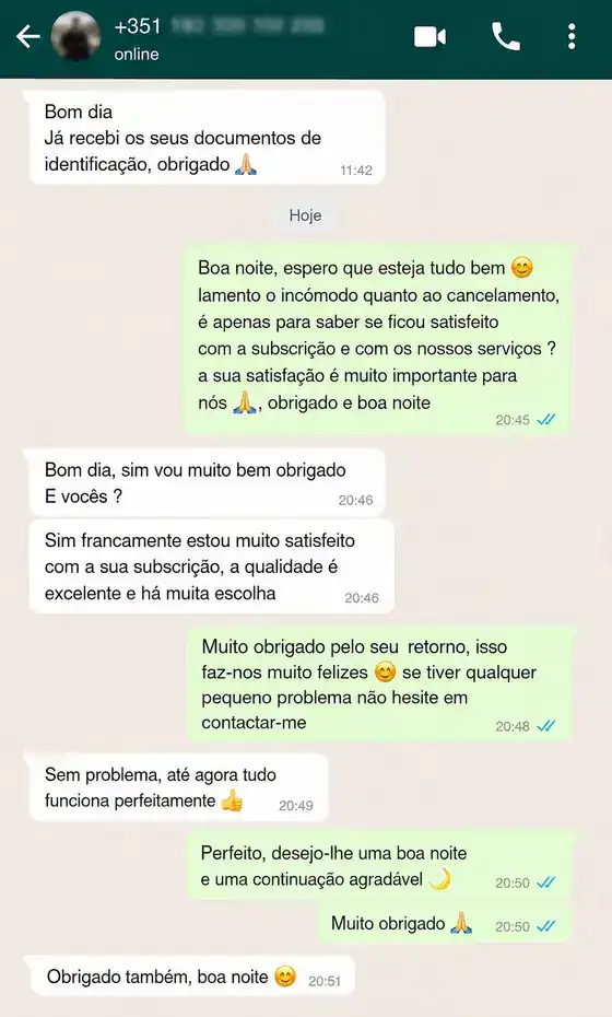 WhatsApp customer review screenshot for Euro IPTV España service 7